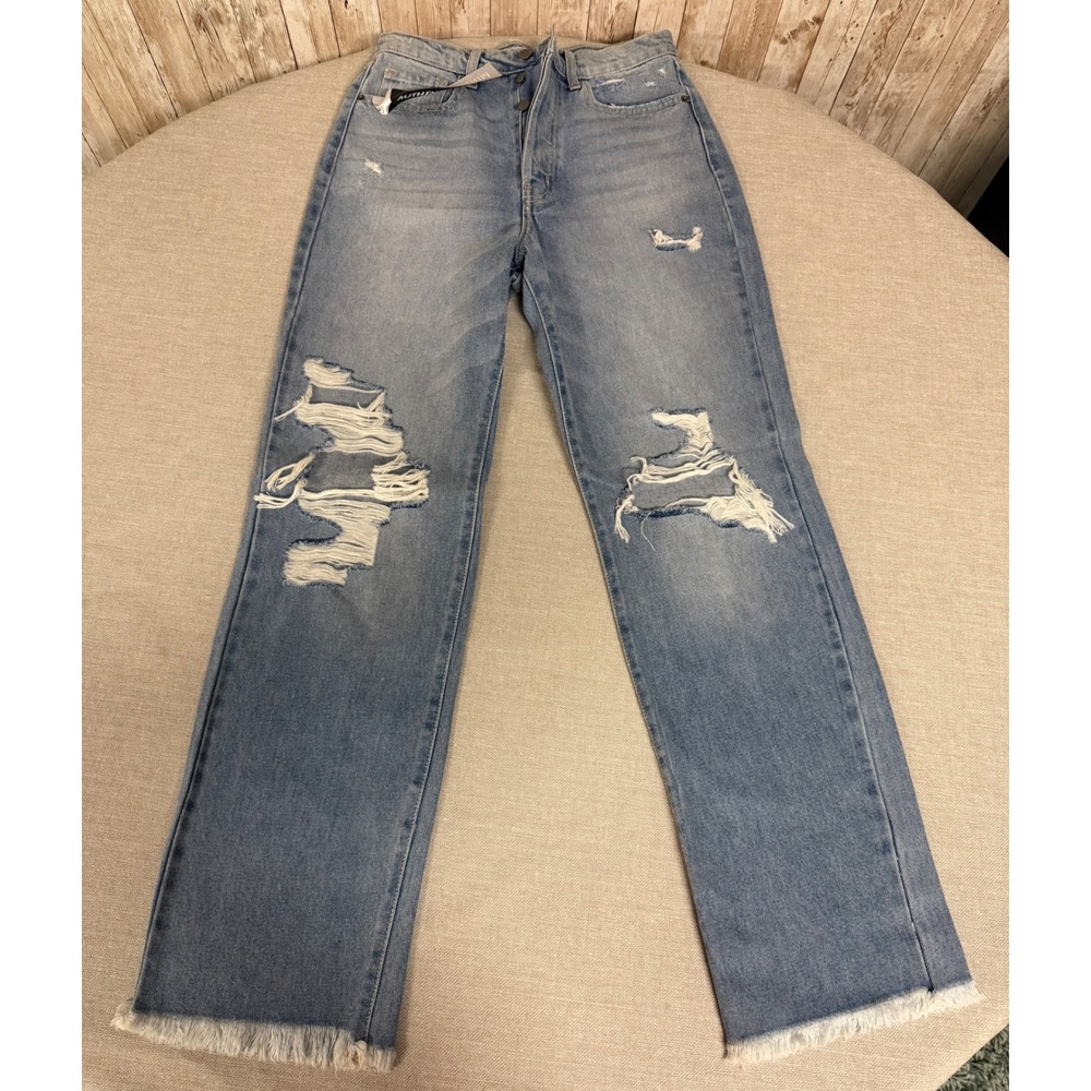 Cello Women High Rise Distressed Straight Leg Jeans Light Wash Button Fly Size 7